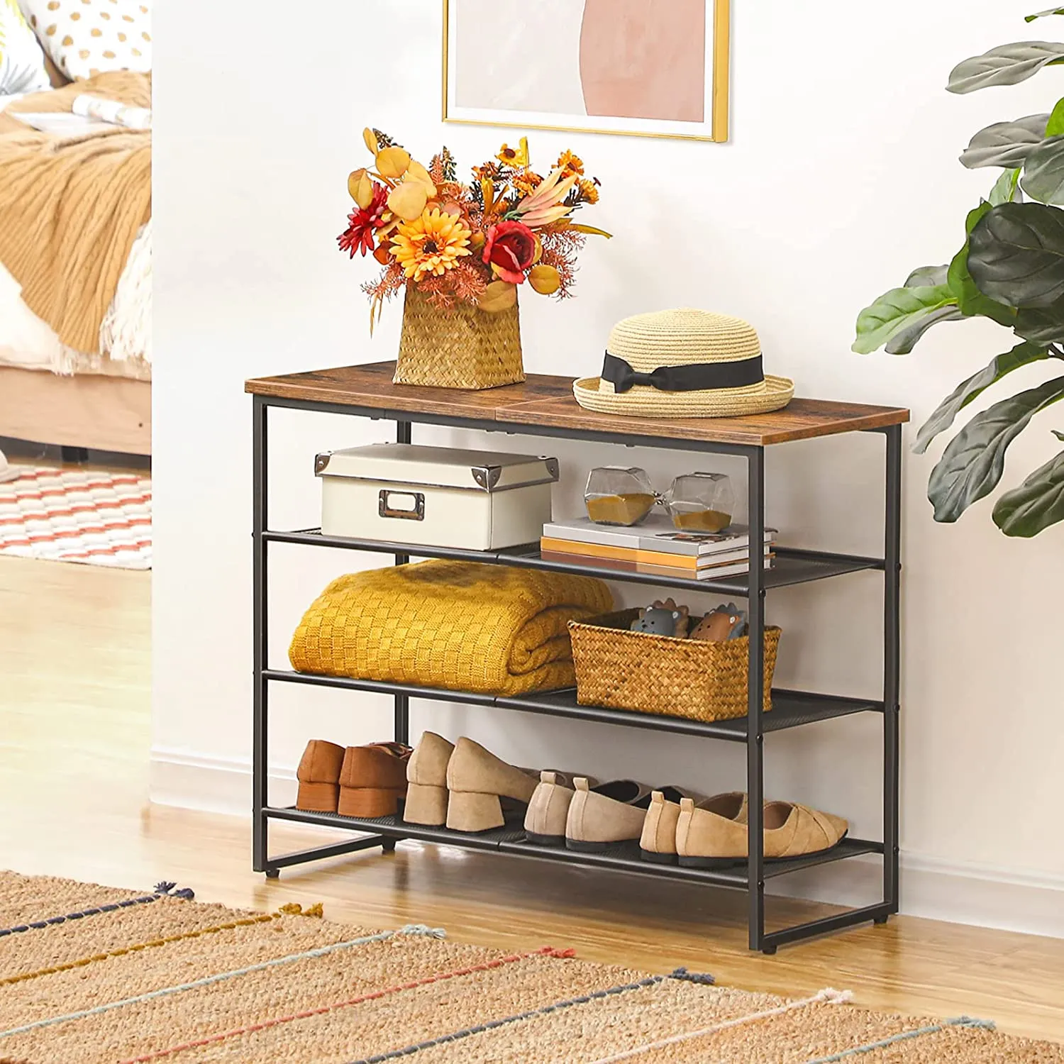 4 Tier Shoe Rack, Shoe Storage Organizer, Shoe Shelf with 3 Mesh Shelves